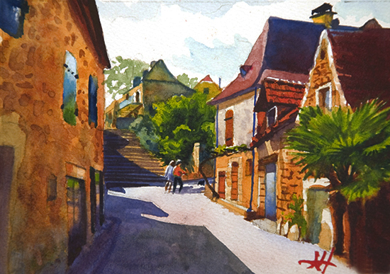 Watercolor painting of a street in Domme, France, by John Hulsey